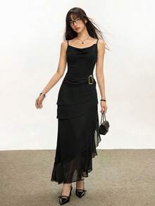 法式性感优雅修身金属环不对称长款连衣裙，女士款 - 黑色 - 查看 3