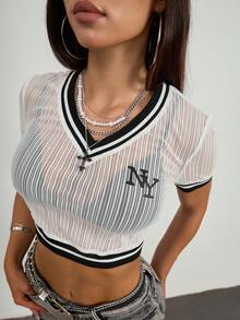 Zyxie 女士撞色透视V领短袖上衣 - 白色 - 查看 3
