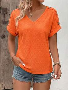EMERY ROSE 女士V领休闲百搭T恤，肩部纽扣设计 - 橘色 - 查看 5