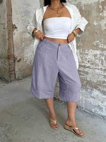 POPSWAY Elegant Fashion Design Cuffed Hem 3/4 Pants, High Waist Wide Leg Loose Slimming Versatile Casual Pants For Spring, Summer Beach Vacation Light Purple - Dusty Purple - View 6