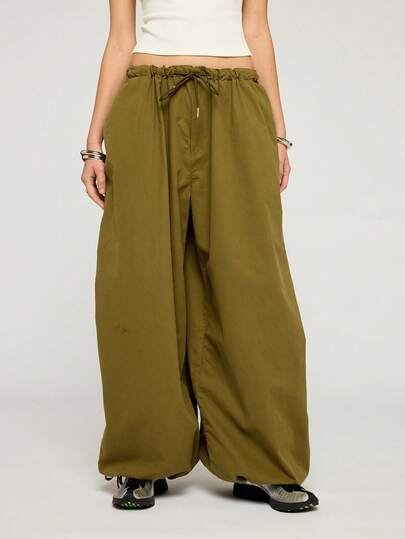 COUREZ 低腰宽松气球降落伞裤 / Y2K 春季女装宽松绿色长裤外出装扮音乐节装扮演唱会装扮夏季女装夏季长裤