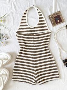 SHEIN Jumpsuit Kasual Model Halter Neck Bergaris untuk Remaja Perempuan - Coklat - View 2