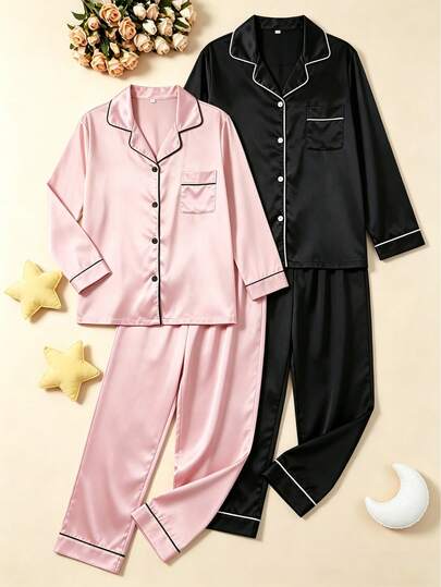 2 Sets Conjunto de Pijama de Seda Sintética para Mujer, Set de Camisa de Manga Larga y Pantalón Largo con Borde de Contraste, Ropa de Descanso de Lujo para Casa