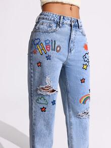 Jeanoix Quần jeans nữ ống côn, in chữ, rách nhẹ, túi xéo, kiểu dáng thường ngày. - Màu xanh lam - Xem 4