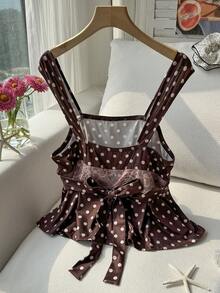 Comfortcana Áo hai dây ren phối màu nâu và hồng chấm bi kiểu dáng thường ngày, cỡ lớn, phong cách nghỉ mát. - màu nâu - Xem 2