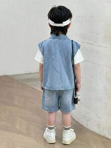 2pcs Toddler Boys' Letter Embroidered Light Blue Denim Vest And Loose Shorts Set - Light Wash - View 11