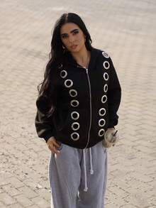 AfricaSnchz Sweat-shirt-shirt à capuche décontracté à design œillet, avec doublure thermique, style ouvert et ample - Noir - Voir 5