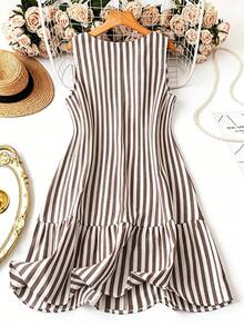 DreamSkyne Women's Summer V-Neck Sleeveless Striped Dress - Coffee Brown - View 2