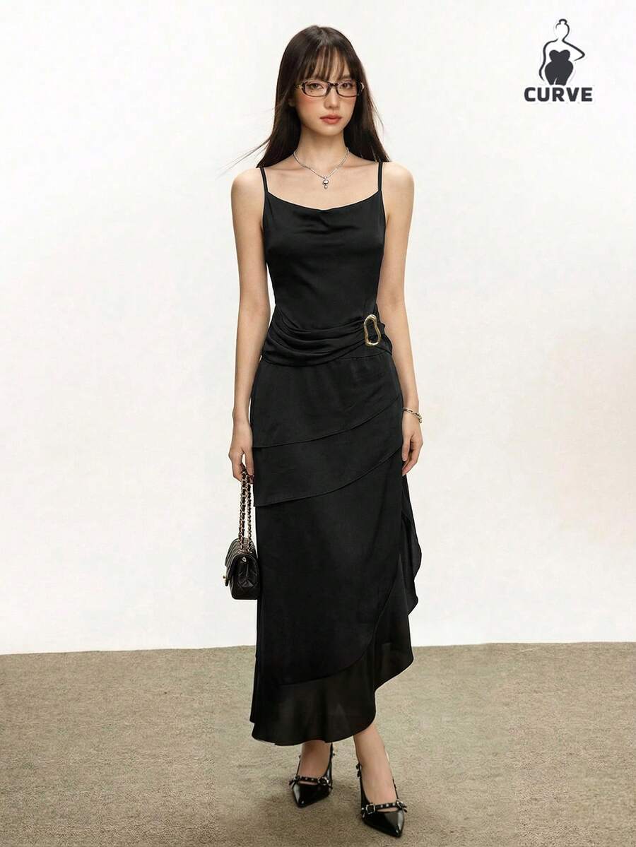 法式性感优雅修身金属环不对称长款连衣裙，女士款 - 黑色 - 查看 1