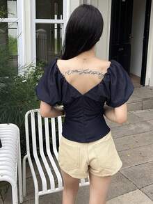 Áo kiểu nữ cổ chữ V ôm sát tay cánh hoa - trắng - Xem 2