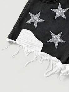 SHEIN MOD Quần short denim ôm dáng cho nữ, họa tiết ngôi sao, trang phục mùa hè cho nữ, quần short jean rộng thùng thình, trang phục nghỉ xuân, trang phục cao bồi cho nữ, trang phục đi xem hòa nhạc cho nữ, trang phục dự tiệc rave, trang phục ngày lễ Thánh Patrick, trang phục rave, phong cách Gyaru, quần short jean lấp lánh hình ngôi sao, quần short cho nữ, trang phục đi biển cho nữ, trang phục cao bồi cho nữ, quần short jean nữ - màu đen - Xem 4