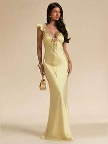 SHEIN BAE Đầm maxi màu vàng trơn, gợi cảm, đơn giản, thanh lịch, cổ chữ V sâu, thắt dây, phối ren và satin giả lụa dành cho nữ, thích hợp cho Ngày Valentine, tiệc tùng, lễ hội âm nhạc, phù dâu, dạ hội, kỳ nghỉ, đầm hè, đầm ôm sát cơ thể. - Vàng nhạt - Xem 3