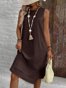 EMERY ROSE Casual Solid Color Round Neck A-Line Summer Dress, Women Summer Dress - Chocolate Brown - View 2