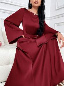Modelyn Women Solid Color Long Sleeve Cinched Waist Simple Casual Ankle Length Modest Dress, Burgundy Modest Party Dress Long Evening Dresses - Burgundy - View 8