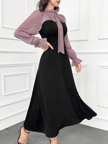 Modelyn 女士优雅荷叶边饰色块系腰连衣裙，配有荷叶边袖口长款晚礼服 - 粉色 - 查看 4