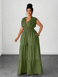 Maweii Bộ jumpsuit nữ cỡ lớn thanh lịch, chất liệu giả denim, thiết kế xếp ly chéo eo có dây rút, nơ sau lưng, viền bèo nhiều lớp, kiểu dáng đa năng, phù hợp cho tiệc tùng, hẹn hò, kỳ nghỉ, đi biển, lễ hội âm nhạc, thời trang. - màu xanh lá - Xem 6