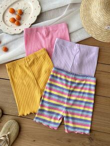SHEIN 4pcs Baby Girl Knitted Solid Striped Casual Fitted Shorts Set - Multicolor - View 3
