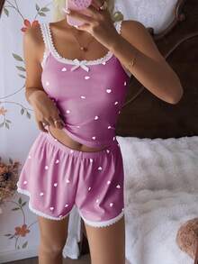 CottageSlumber Heart Shaped Ribbed Lace Silk Camisole & Shorts Sleepwear Set - Purple - View 6