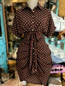 SHEIN Clasi CURVE Plus Size Woven Elegant Business Casual Simple Polka Dot Summer Women's Dress - Coffee Brown - View 3
