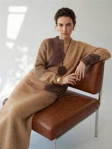 Uhlyne Uhlyne Women's Old Money Elegent Two-Piece Sweater Set,All Shades Of Brown Autumn Fuzzy Knitted Co-Ords,Loose Fit Round Neck Color-Block Brunch Outfit,Khaki - Khaki - View 1