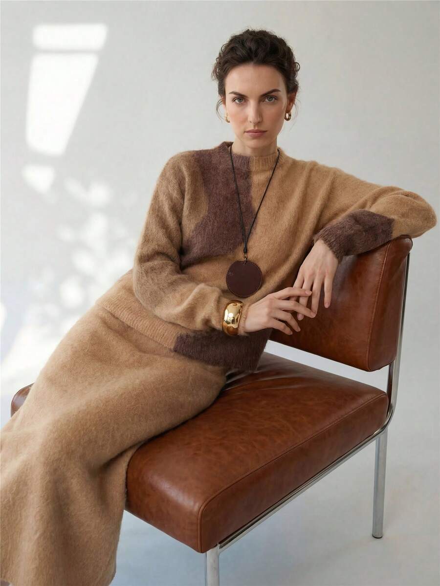 Uhlyne Uhlyne Women's Old Money Elegent Two-Piece Sweater Set,All Shades Of Brown Autumn Fuzzy Knitted Co-Ords,Loose Fit Round Neck Color-Block Brunch Outfit,Khaki - Khaki - View 1