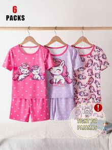 6-Piece Girls Snug Fit Pajama Set,Light Pink Summer Cute Graphic Sleep Loungewear,Short Sleeve Tops And Shorts,Cartoon Horse And Heart Patterns - Multicolor - View 3