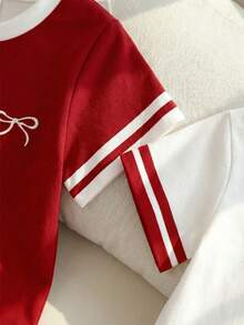 SHEIN Playful Pals 2 piezas Conjunto de camiseta de manga corta de cuello redondo con bloques de color retro para bebé/niña pequeña, con gráfico de cereza y lazo, informal, suave y cómodo, adecuado para el verano, 6M-3T - Multicolor - Ver 3