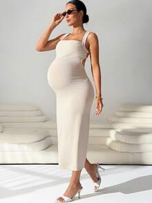 SHEIN MaterniWear Pregnant Women's Solid Color Pleated Backless Elegant Party Dress - Beige - View 5