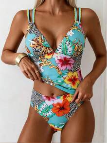 Swim Lushoire 两件套女士吊带比基尼泳衣，性感锯齿状花卉豹纹印花，欧美风格度假泳装 - 彩色 - 查看 3