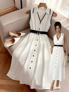 GlowEve Women's Spring/Summer Black And White Sleeveless Collared Contrast Stripe Waist Flared Dress, Suitable For Work Brunch Commute, Minimalist Elegant - Black and White - View 3