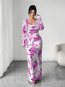 Celure Gaun Pendek Ketat Berkerah Ruffle Baru untuk Wanita Ukuran Plus dengan Motif Bunga Kecil dan Ikat Pinggang - Purple - View 5