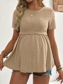 SHEIN Áo thun bà bầu, mùa hè, chất liệu co giãn cao, tay ngắn thoải mái, thiết kế thời trang, trang phục bà bầu thanh lịch. - Màu be - Xem 3