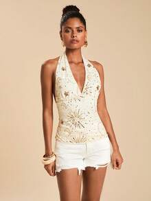 Travachic Women's Sequin Decor Halter Neck Camisole - Beige - View 6