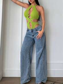 SHEIN SXY Women's Sexy Vacation Style Solid Color Hollow Out Neck Halter Bodysuit - Green - View 4