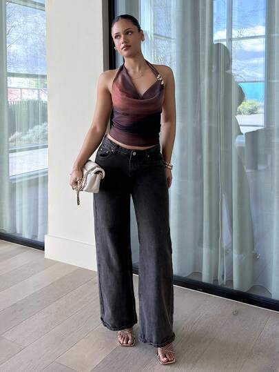 LHSEPT 秋冬度假风金属装饰露背扎染红色上衣