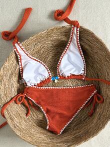 Swim Basics Women's Toothpick Necklace Chest Decor Blue Swimwear Set - Coral Orange - View 2