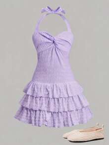 SHEIN Tween Girl Vacation Mini Dress With Elastic Ruched Bust,Tie Neck,Bowknot,And Tiered Can Wear Inner Or Outer,Summer Dresses,Solid White - Purple - View 5