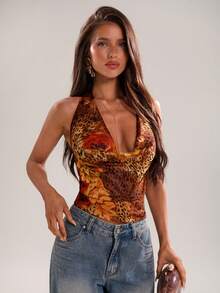 SHEIN BAE 女款掛脖細肩帶背心，棕色與黃色波點，夏季 70 年代風，夜店派對豹紋花卉印花簡約上衣，適合海灘度假 - 彩色 - 查看 3