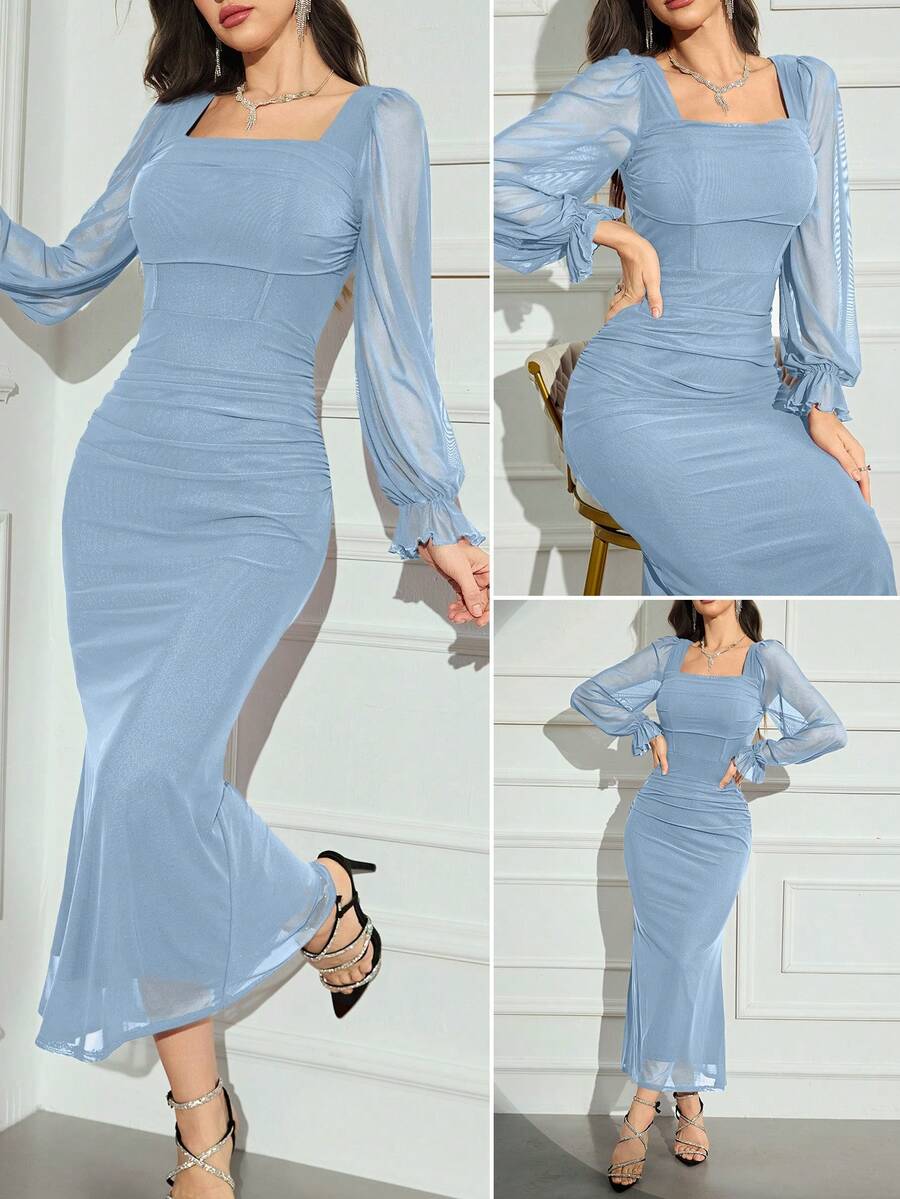 Modelyn Women's Solid Color Mesh Contrast Long Sleeve Casual Dress Long Evening Dresses Blue