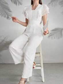 Modelyn Macacão Casual Feminino Plissado com Babados de Cor Sólida - Branco - Ver 6