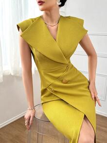 Modelyn 纯色纽扣细节裹身下摆连衣裙长款晚礼服 - 芥末黃 - 查看 5