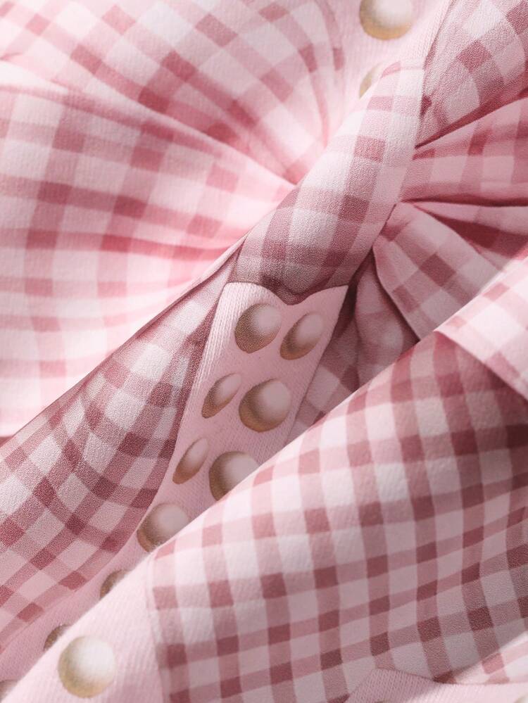 2pcs/Set Women's Loose Fit Pink Bow Graphic Short Sleeve T-Shirt And Plaid Straight Leg Long Pajama Pants Sleepwear Set, Summer