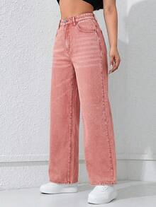 SHEIN ICON 女士时尚休闲直筒口袋牛仔裤 - 淺粉色 - 查看 4