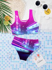 SHEIN 女童字母卡通印花背心式泳衣套装，适合夏季穿着 - 彩色 - 查看 2