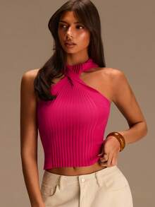 Athîral Women's Pink Ribbed Knit Top, Halter Neck Summer Chic Vacation Fashion Top, Casual Sexy Versatile Daily Wear One Sided Country Concert Going Out - Hot Pink - View 1