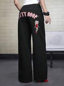 Betty Boop | ROMWE Quần jeans ống đứng hợp tác thiết kế với họa tiết thêu phía sau. - màu đen - Xem 2
