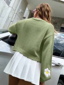 Chiquease Fashionable Casual Niche Colorful Short Dopamine Flower Embroidered 3D Knit Cardigan, Suitable For Spring, Autumn And Winter - Lime Green - View 2