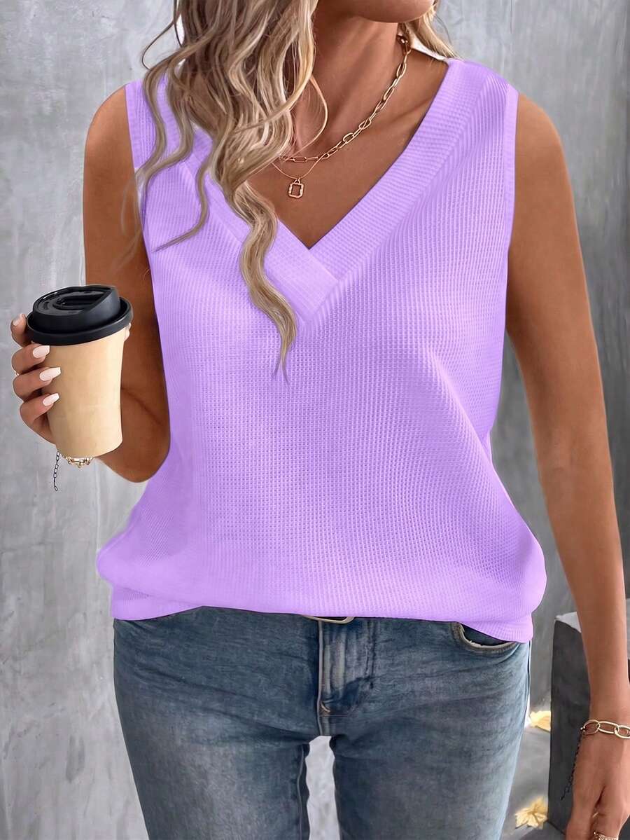 EMERY ROSE Nueva llegada Chaleco de mujer talla grande casual de cuello en V acanalado de color lavanda con capas - Púrpura malva - Ver 1