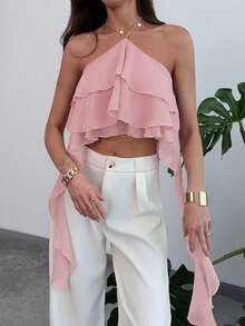Aloruh Women's Solid Color Halter Neck Sleeveless Ruffle Hem Fashionable Blouse For Summer,Summer Top - Baby Pink - View 7