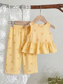 LMoss Kids 2件套女婴碎花编织休闲背心和裤子套装 - 黃色 - 查看 8
